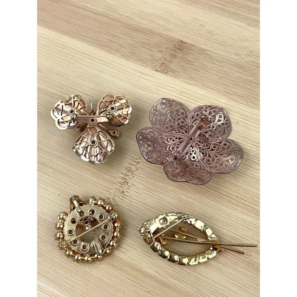 VTG 4x‎ Brooch Pin Lot Filigree Amber Floral Prong 3D Gold Tone Bronze 1960s